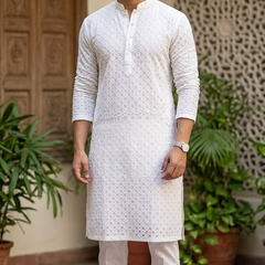 Kurta Fabric ManTire Designer Rayon Lucknowi Chikankari with Sequin Work Colour White