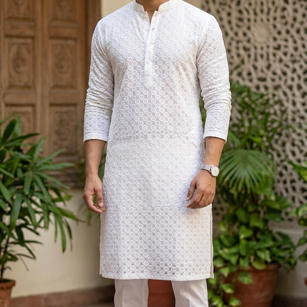 Kurta Fabric ManTire Designer Rayon Lucknowi Chikankari with Sequin Work Colour White