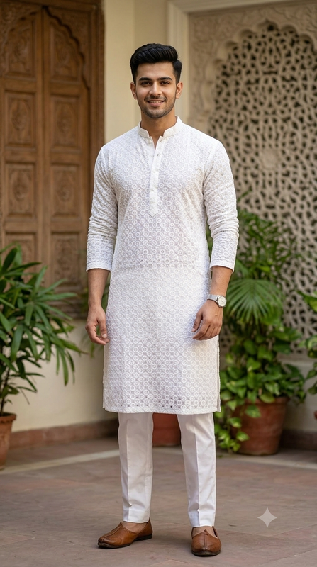 Kurta Fabric ManTire Designer Rayon Lucknowi Chikankari with Sequin Work Colour White