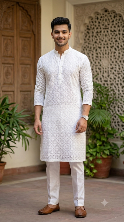 Kurta Fabric ManTire Designer Rayon Lucknowi Chikankari with Sequin Work Colour White