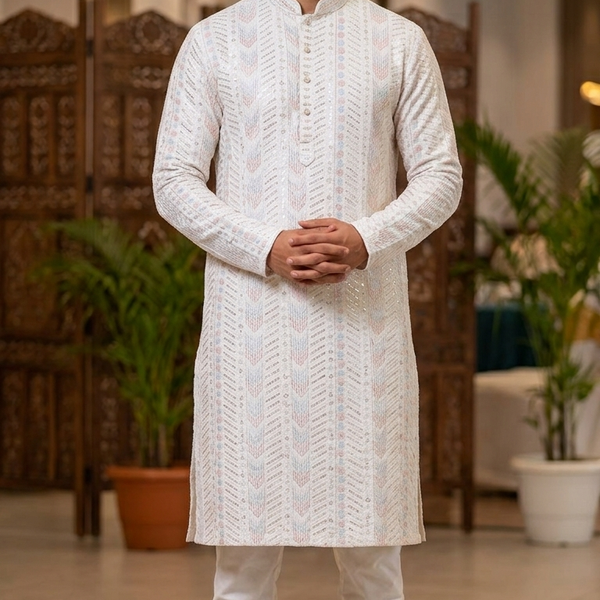Kurta Fabric ManTire Designer Silk Embroidery Colour White