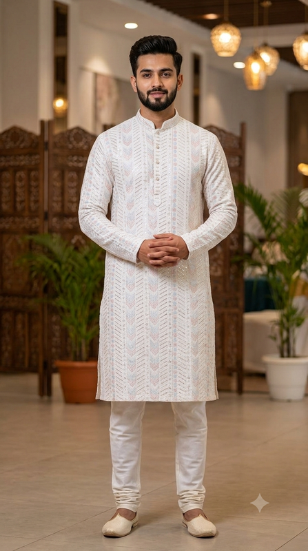 Kurta Fabric ManTire Designer Silk Embroidery Colour White