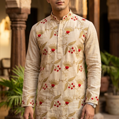 Kurta Fabric ManTire Designer Silk Floral Jaal Embroidery Colour Natural Brown