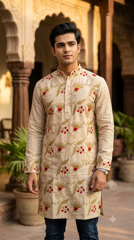 Kurta Fabric ManTire Designer Silk Floral Jaal Embroidery Colour Natural Brown