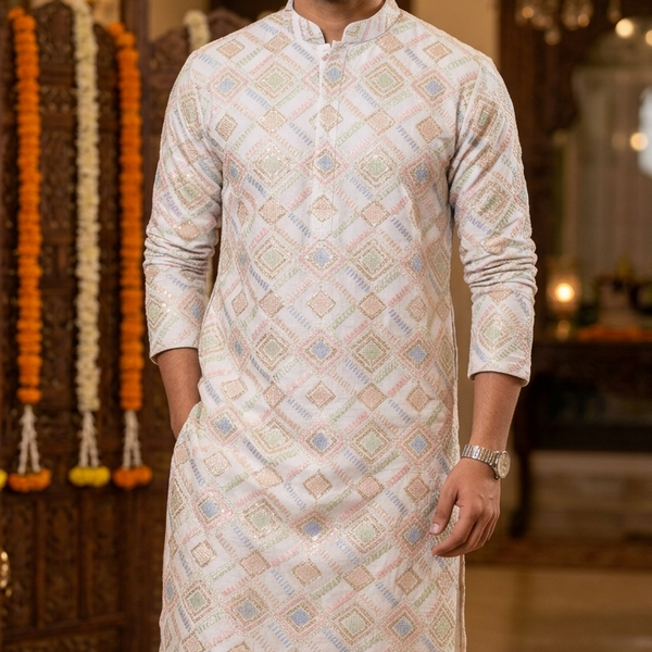 Kurta Fabric ManTire Designer Silk Embroidery Colour Off White N Light Green