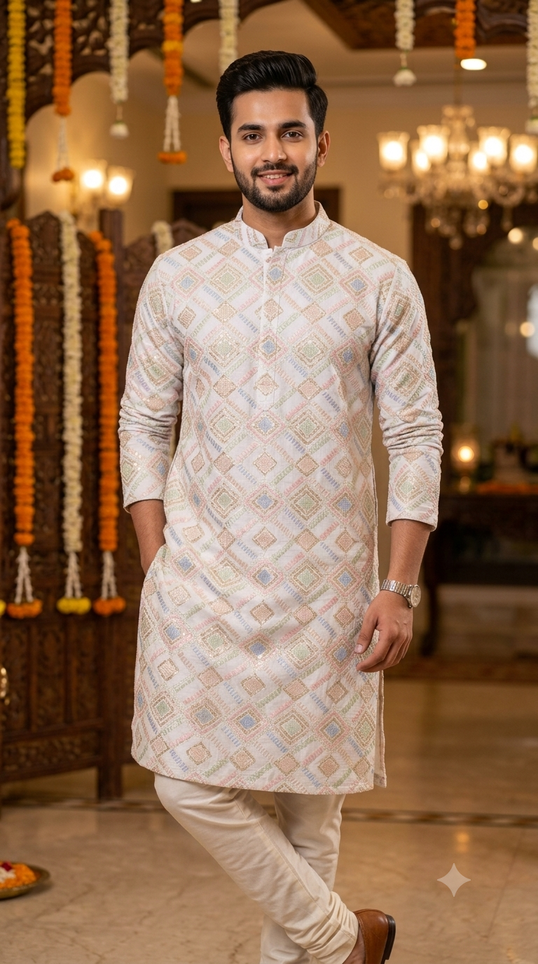 Kurta Fabric ManTire Designer Silk Embroidery Colour Off White N Light Green