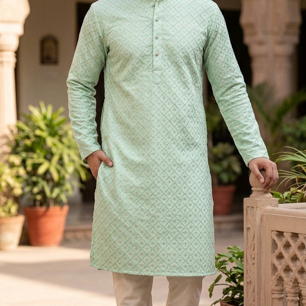 Kurta Fabric ManTire Designer Silk Embroidery Colour Mint Green