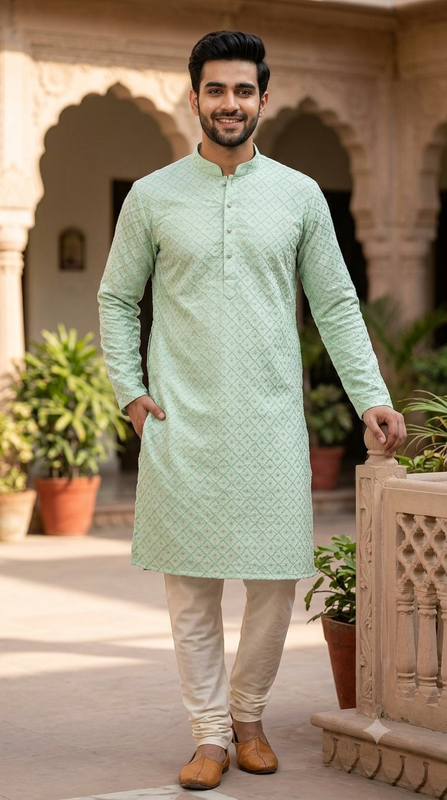 Kurta Fabric ManTire Designer Silk Embroidery Colour Mint Green