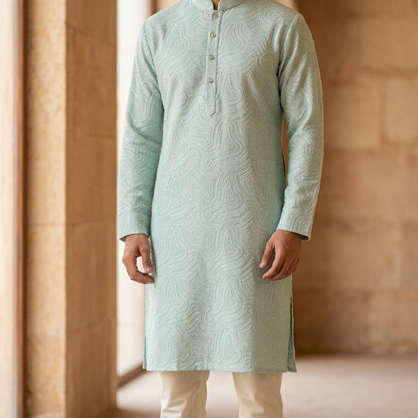 Kurta Fabric ManTire Designer Silk Embroidery Colour Mint Green