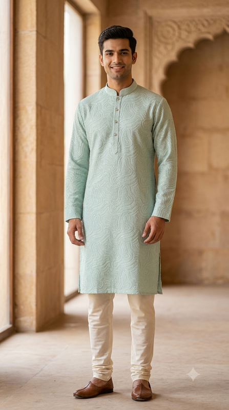 Kurta Fabric ManTire Designer Silk Embroidery Colour Mint Green