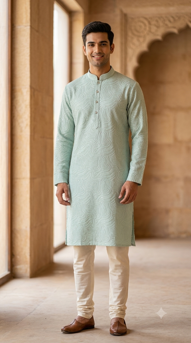 Kurta Fabric ManTire Designer Silk Embroidery Colour Mint Green