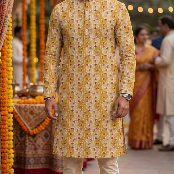 Kurta Fabric ManTire Designer Silk Tullio Embroidery Colour Golden