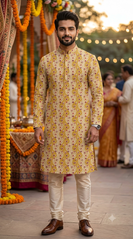 Kurta Fabric ManTire Designer Silk Tullio Embroidery Colour Golden