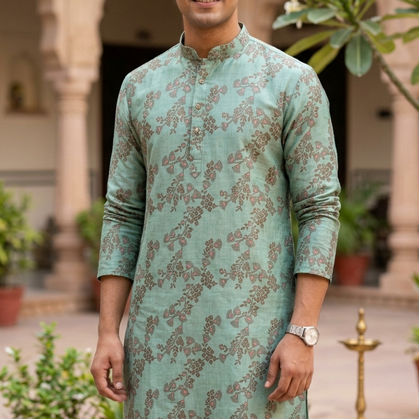 Kurta Fabric ManTire Designer Silk Floral Buta Embroidery Colour Rama Green