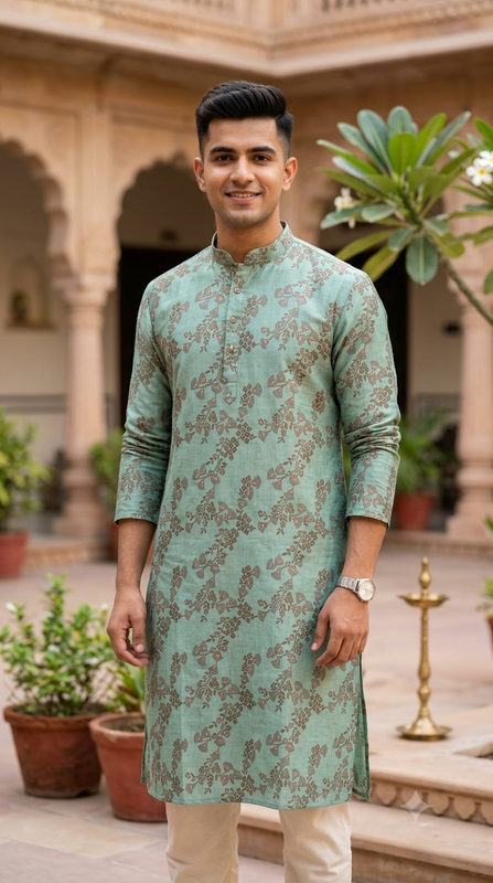 Kurta Fabric ManTire Designer Silk Floral Buta Embroidery Colour Rama Green