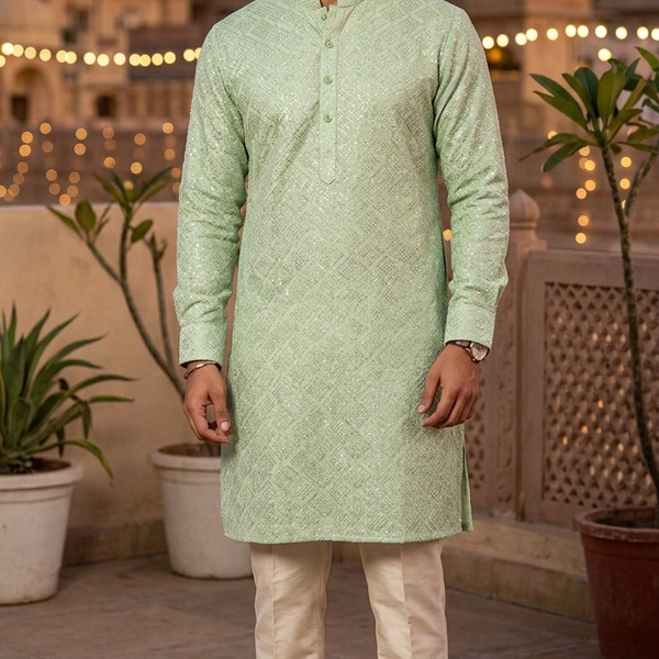 Kurta Fabric ManTire Designer Silk Embroidery Colour Gin Green