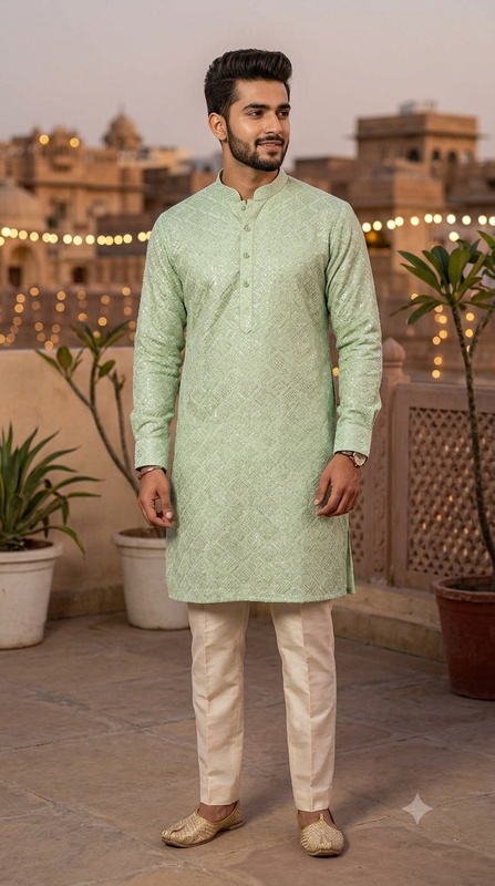 Kurta Fabric ManTire Designer Silk Embroidery Colour Gin Green