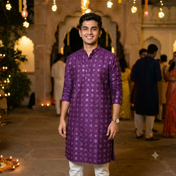 Kurta Fabric ManTire Designer Silk Embroidery Colour Purple