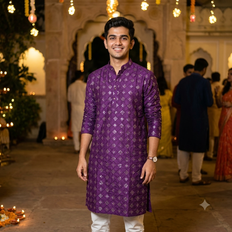 Kurta Fabric ManTire Designer Silk Embroidery Colour Purple