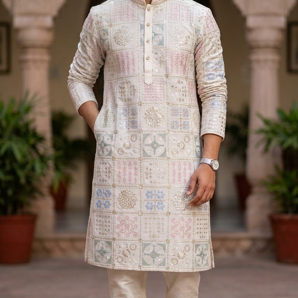Kurta Fabric ManTire Designer Silk Lucknowi Chikankari Embroidery Colour Powder Blue, Baby Pink N Mint Green