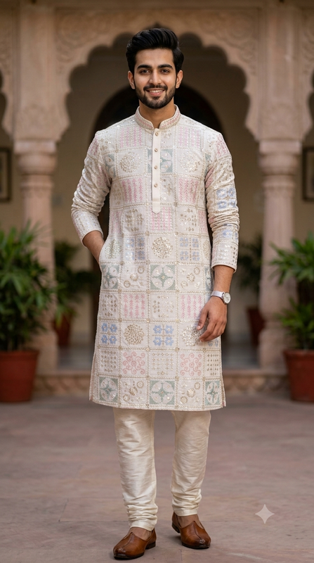Kurta Fabric ManTire Designer Silk Lucknowi Chikankari Embroidery Colour Powder Blue, Baby Pink N Mint Green