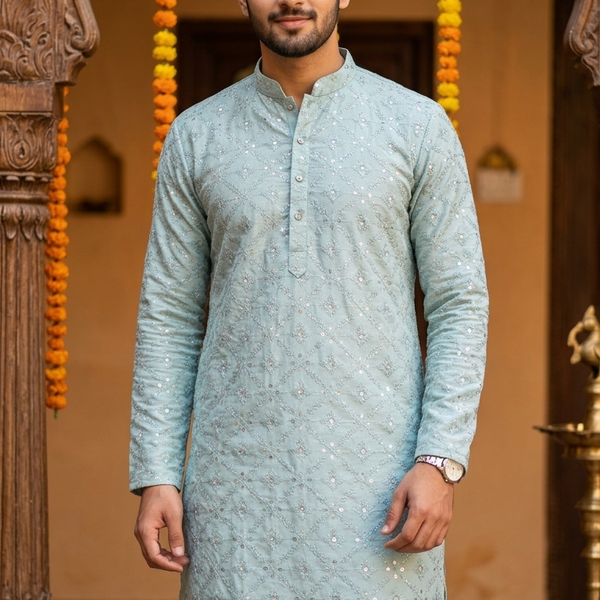 Kurta Fabric ManTire Designer Silk Embroidery Colour Greenish Blue
