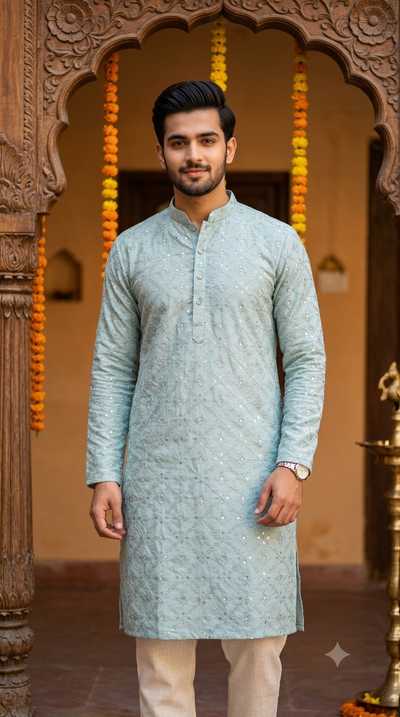 Kurta Fabric ManTire Designer Silk Embroidery Colour Greenish Blue