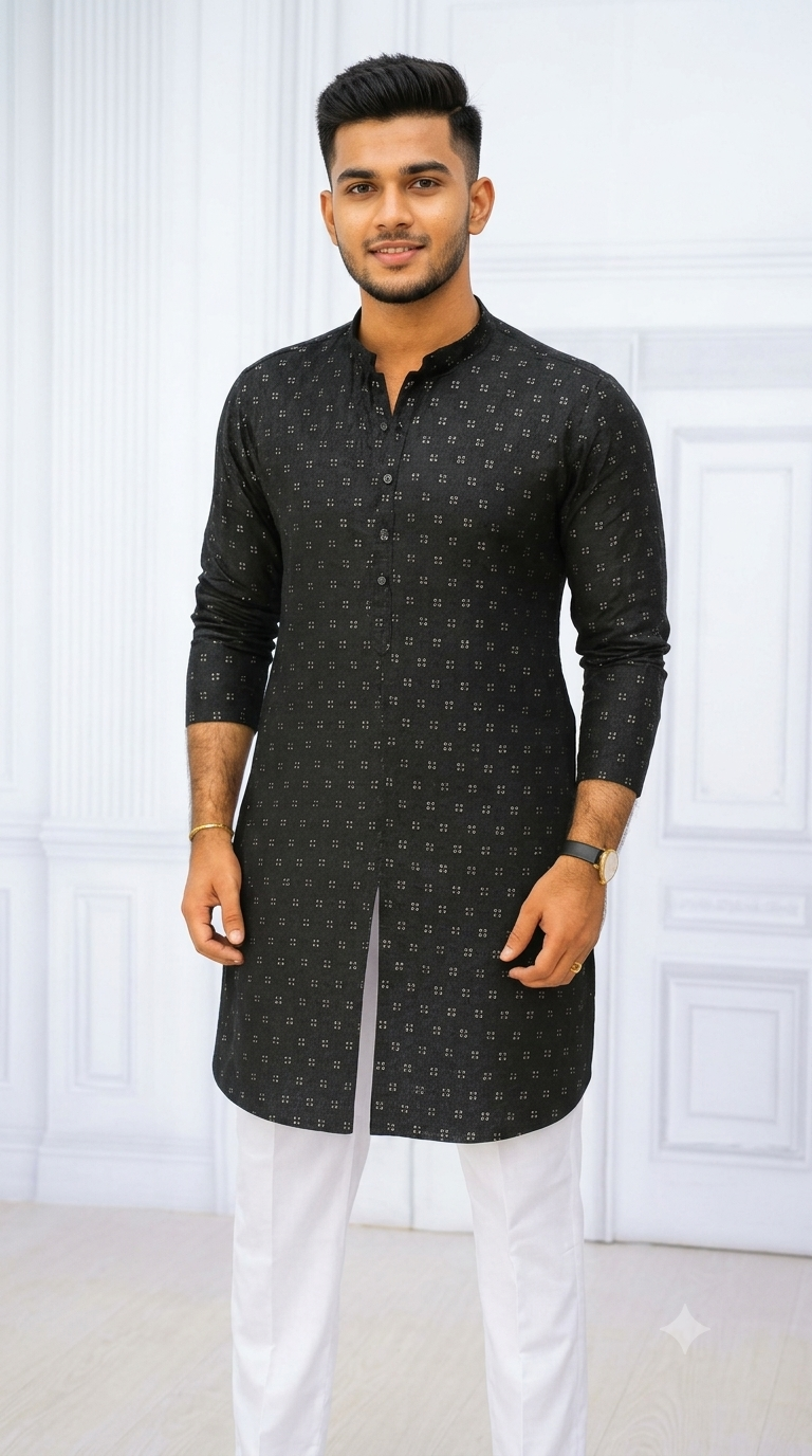 Kurta Fabric ManTire Designer Silk Embroidery Colour Black