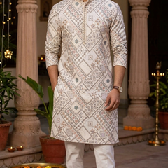 Kurta Fabric ManTire Designer Silk Geometric Diamond Patchwork Motif Embroidery Colour White, Lavender N Pink
