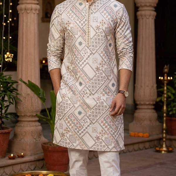 Kurta Fabric ManTire Designer Silk Geometric Diamond Patchwork Motif Embroidery Colour White, Lavender N Pink