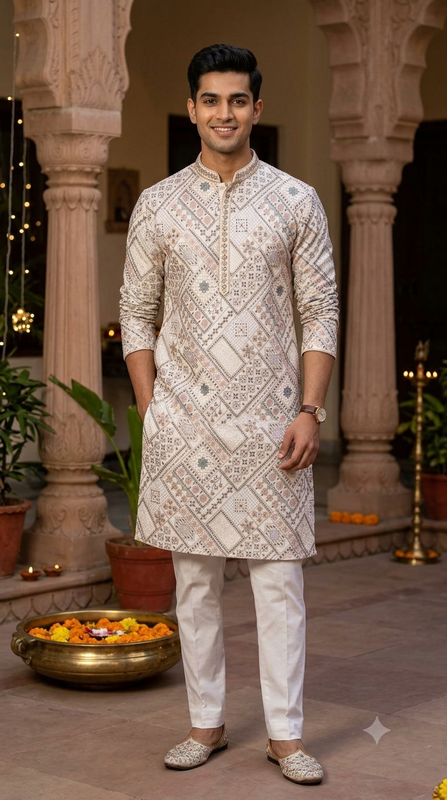 Kurta Fabric ManTire Designer Silk Geometric Diamond Patchwork Motif Embroidery Colour White, Lavender N Pink