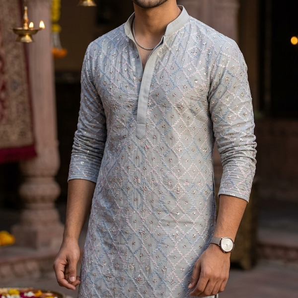 Kurta Fabric ManTire Designer Silk Jaal Pattern Embroidery Colour Bluish Grey