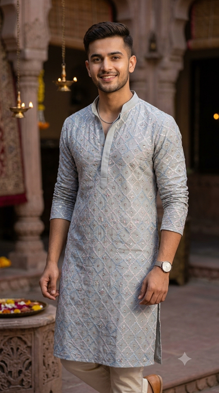 Kurta Fabric ManTire Designer Silk Jaal Pattern Embroidery Colour Bluish Grey