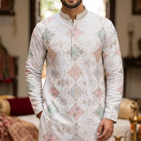Kurta Fabric ManTire Designer Silk Lucknowi Chikankari Jaal Work Embroidery Colour  White, Powder Blue N Blush Pink