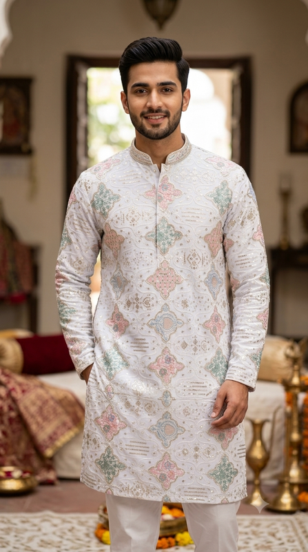 Kurta Fabric ManTire Designer Silk Lucknowi Chikankari Jaal Work Embroidery Colour  White, Powder Blue N Blush Pink