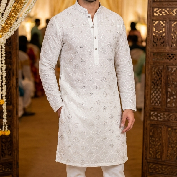 Kurta Fabric ManTire Designer Silk Lucknowi Handwork Embroidery Colour White