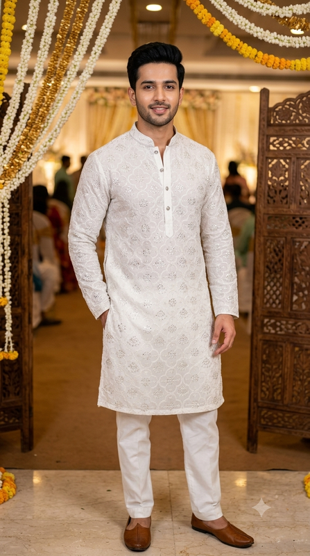 Kurta Fabric ManTire Designer Silk Lucknowi Handwork Embroidery Colour White