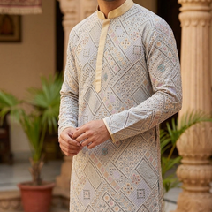 Kurta Fabric ManTire Designer Silk Patchwork Tile Embroidery Colour Slate Grey, Pastel Pink, Mint Green N Cream-White