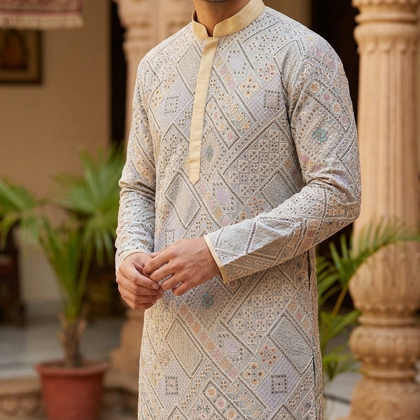 Kurta Fabric ManTire Designer Silk Patchwork Tile Embroidery Colour Slate Grey, Pastel Pink, Mint Green N Cream-White