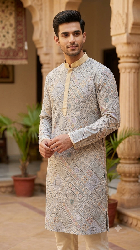 Kurta Fabric ManTire Designer Silk Patchwork Tile Embroidery Colour Slate Grey, Pastel Pink, Mint Green N Cream-White