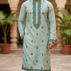 Kurta Pajama Fabric ManTire Designer Silk Embroidery Colour Pistachio Green