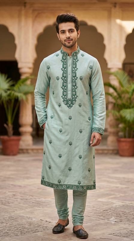 Kurta Pajama Fabric ManTire Designer Silk Embroidery Colour Pistachio Green
