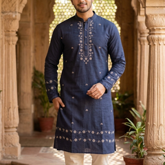 Kurta Pajma Fabric ManTire Designer Silk Embroidery Colour Dark Blue