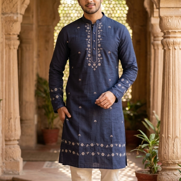 Kurta Pajma Fabric ManTire Designer Silk Embroidery Colour Dark Blue