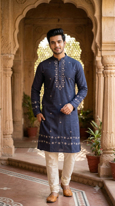 Kurta Pajma Fabric ManTire Designer Silk Embroidery Colour Dark Blue