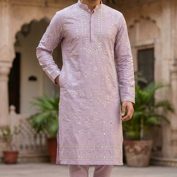 Kurta Pajama Fabric ManTire Designer Silk Embroidery Colour Mauve Lavender