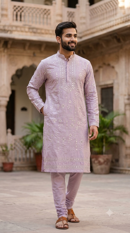 Kurta Pajama Fabric ManTire Designer Silk Embroidery Colour Mauve Lavender