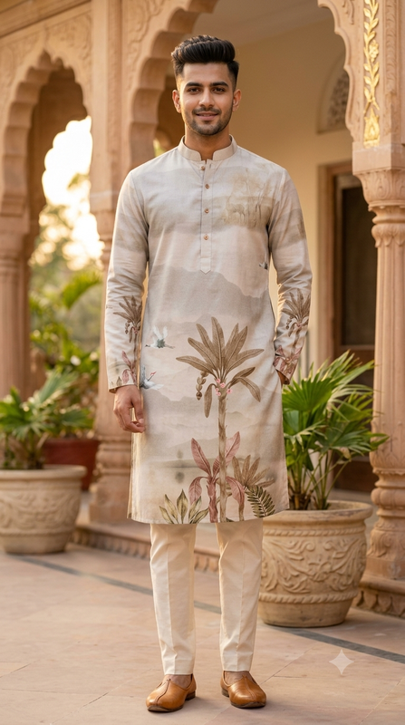 Kurta Fabric ManTire Designer PV Printed Colour Almond Brown