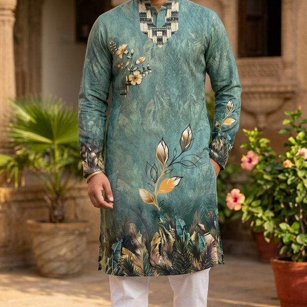 Kurta Fabric ManTire Designer PV Printed Colour Medium Green