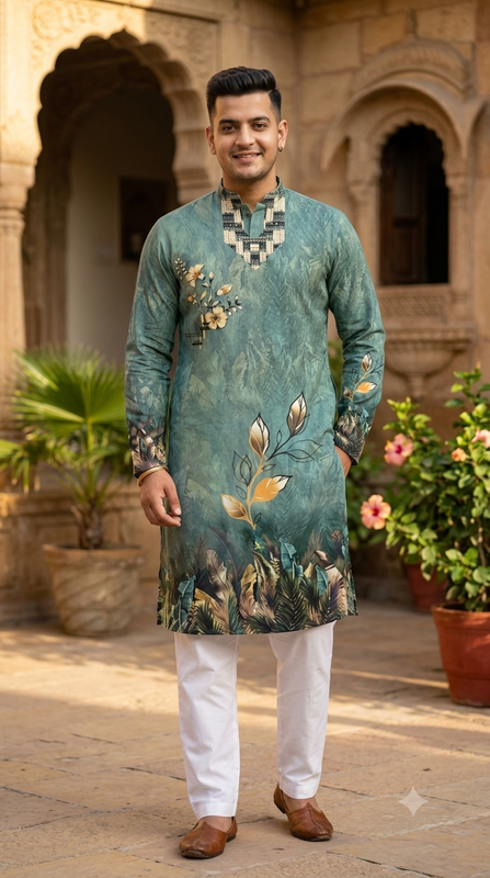 Kurta Fabric ManTire Designer PV Printed Colour Medium Green